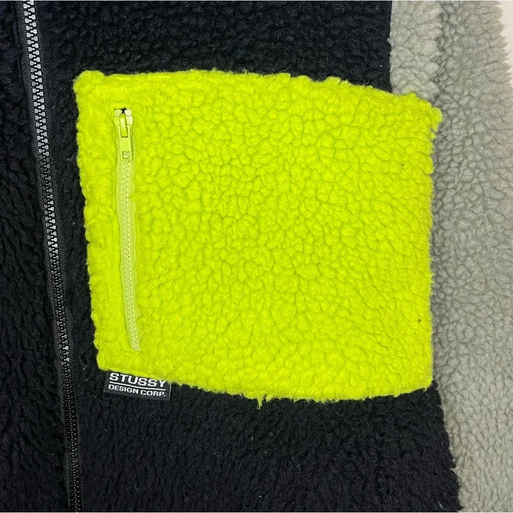 Stussy Color Block Sherpa Jacket Zip Up Fleece Sweatshirt Black Neon Small